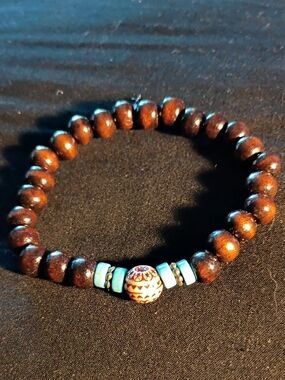 Brown Wooden Bead Stretch Bracelet with Turquoise Accent